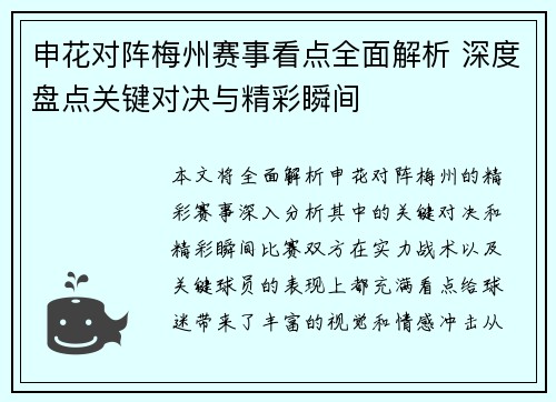 申花对阵梅州赛事看点全面解析 深度盘点关键对决与精彩瞬间