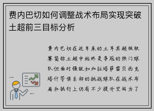 费内巴切如何调整战术布局实现突破土超前三目标分析