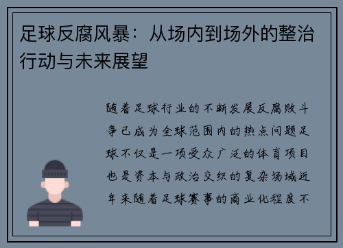足球反腐风暴：从场内到场外的整治行动与未来展望