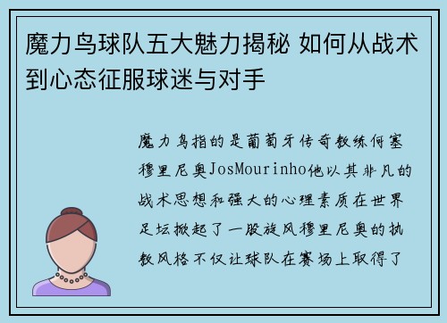 魔力鸟球队五大魅力揭秘 如何从战术到心态征服球迷与对手